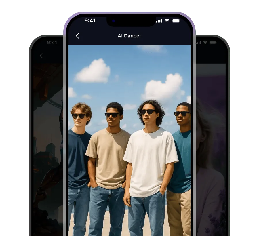 AI video app preview on three phones